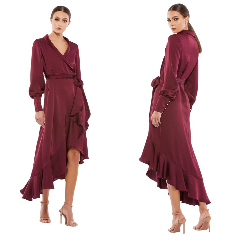 Mac Duggal Burgundy Satin‎ Wrap High-Low Ruffle Gown Dress 6 49117